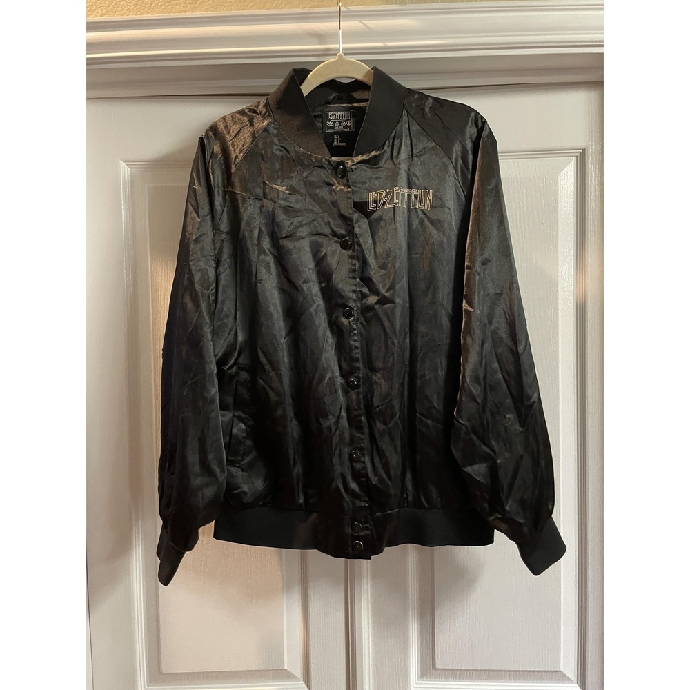 Led Zeppelin Jacket Mens Large Black Satin Bomber Snap Back Graphic Rock Band